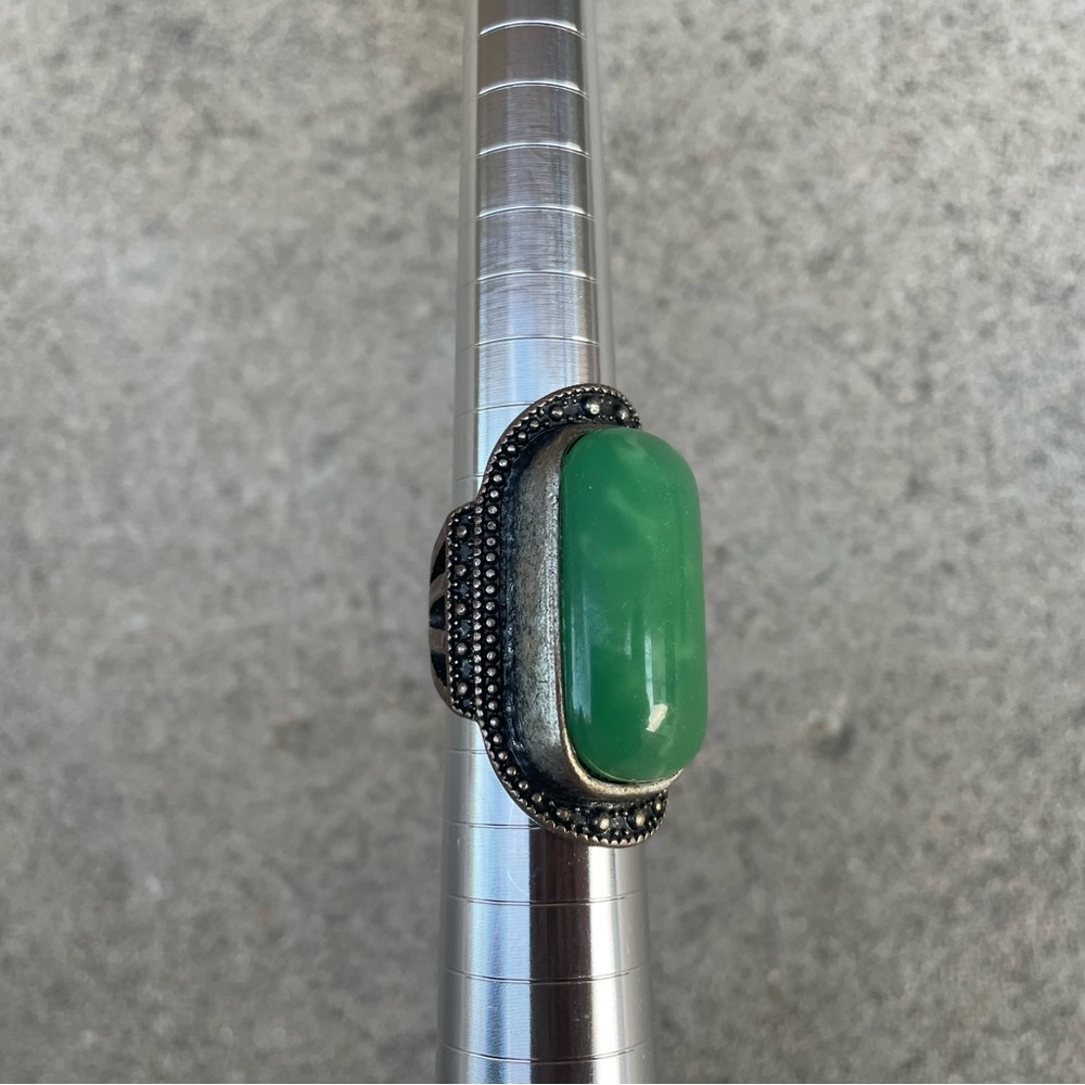 Vintage. Silver Metal, Large Rectangular Green St… - image 5